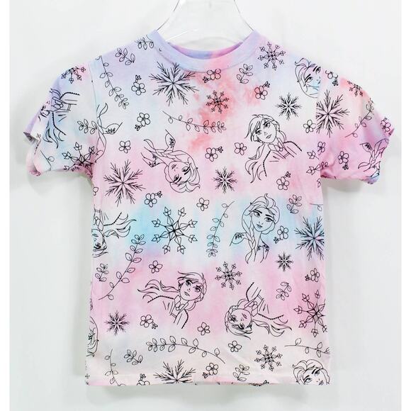 DISNEY Pink Frozen II Cotton Short Sleeve Anna Elsa Tie Dye Short Sleeve Top - Picture 1 of 8